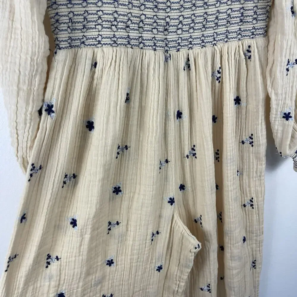 FREE PEOPLE Dahlia Embroidered Jumpsuit Women's Medium Washed Out Cream Gauze